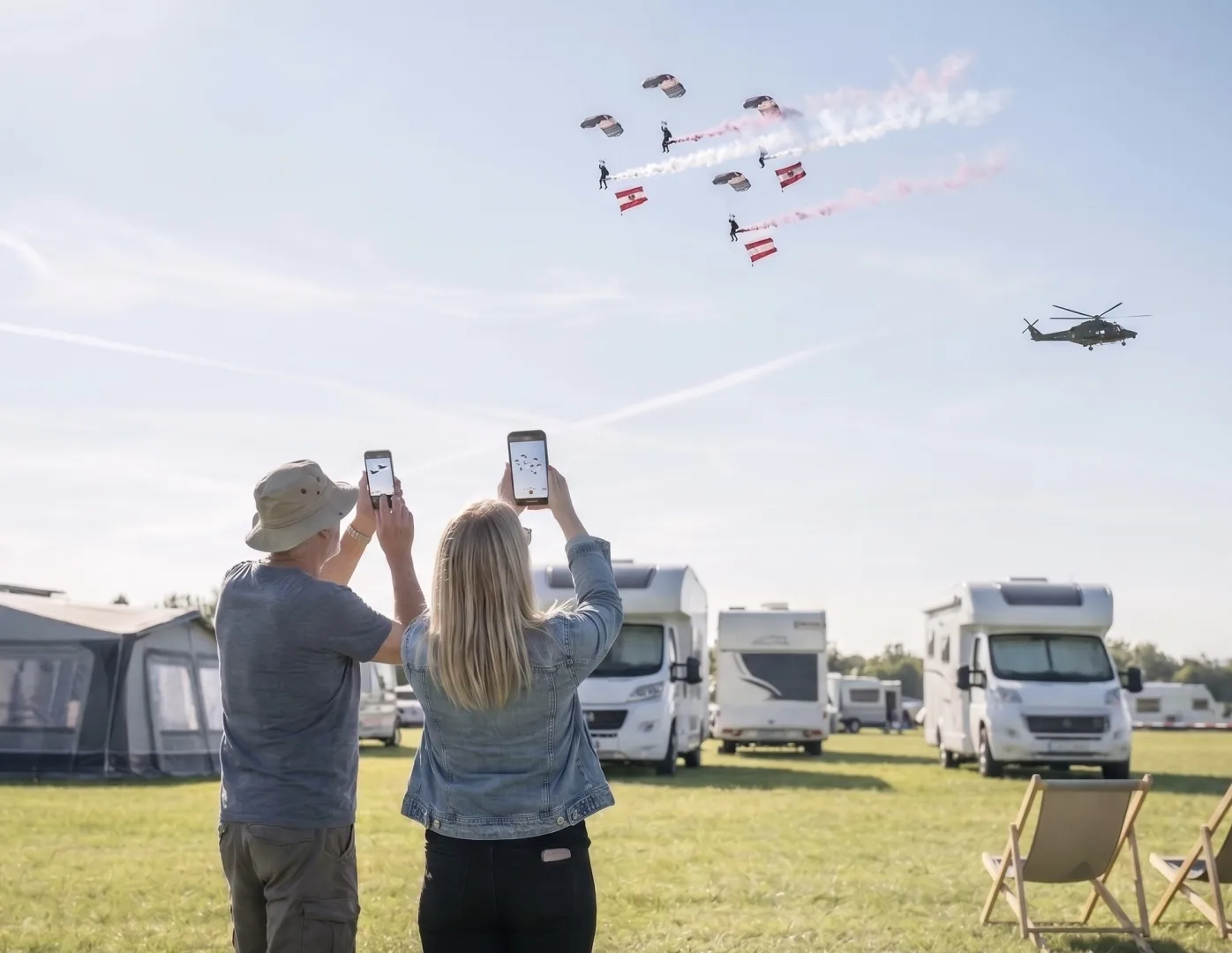 Blick vom Campingplatz Schitterhof auf den Fliegerhorst Zeltweg während der AirPower Flugshow