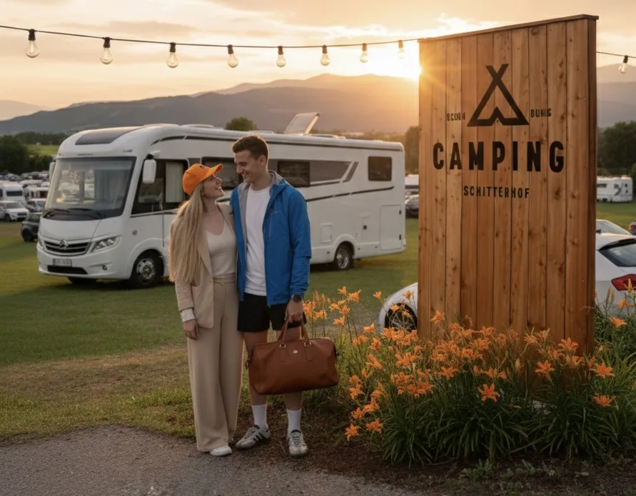 Verschiedene Wohnmobile und Camper auf gepflegten Wiesen-Stellplätzen am Schitterhof Camping nahe Red Bull Ring