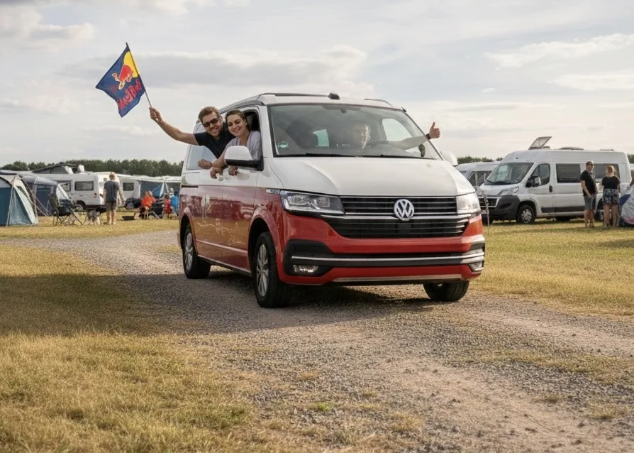 Wohnmobile auf gepflegter Wiese am Schitterhof mit Blick auf den Red Bull Ring nach dem Rennen
