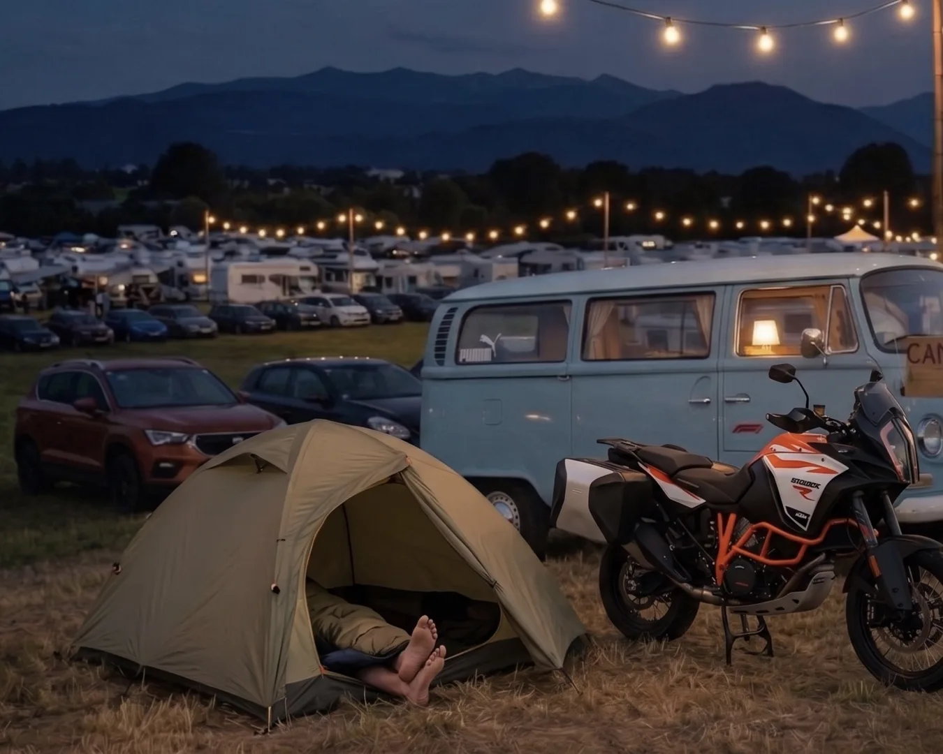 Abendstimmung am Schitterhof mit Wohnmobilen auf gepflegter Wiese, Red Bull Ring im Hintergrund bei Sonnenuntergang