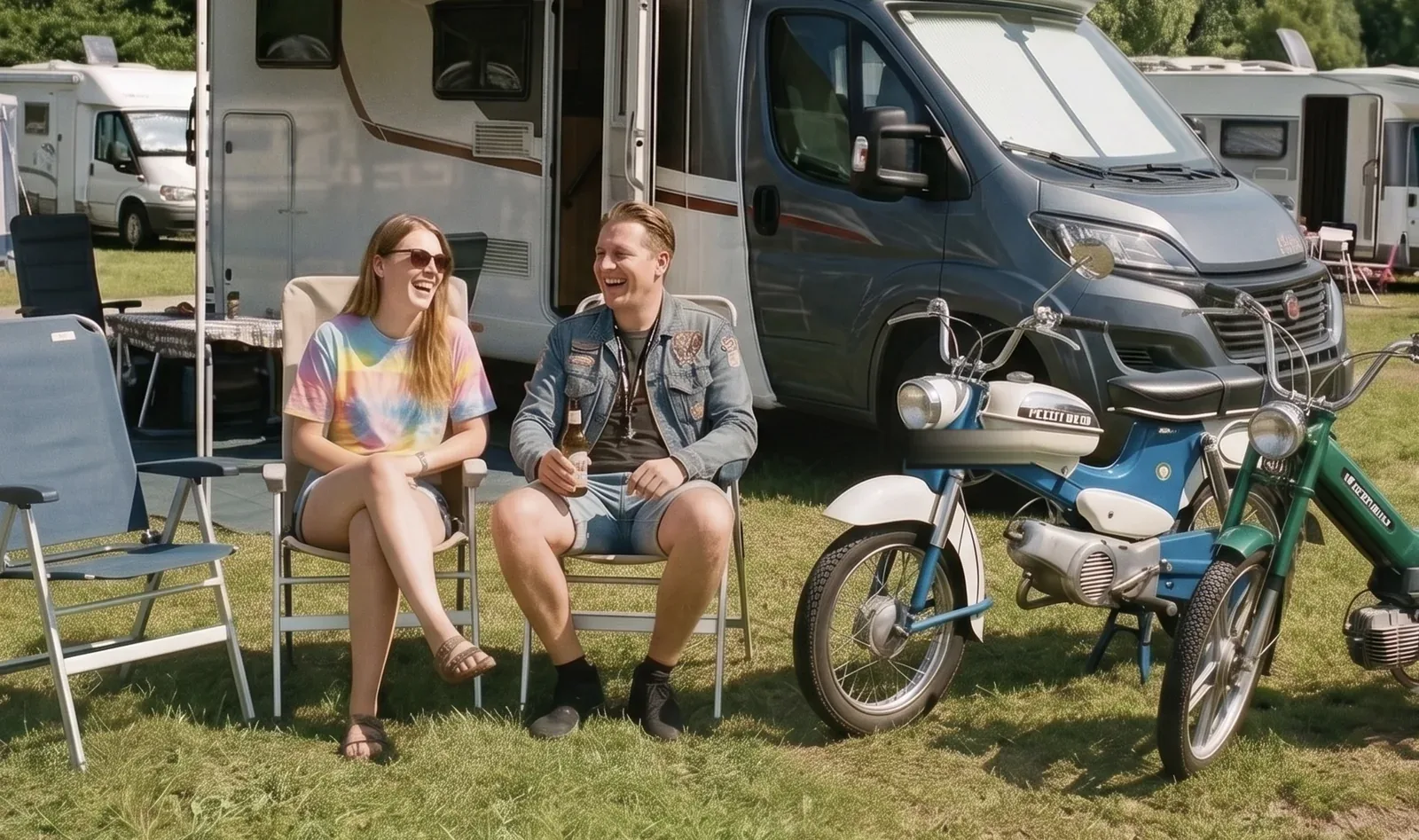 Camper mit Mopeds vor dem Wohnmobil auf dem Campingplatz – Symbolbild